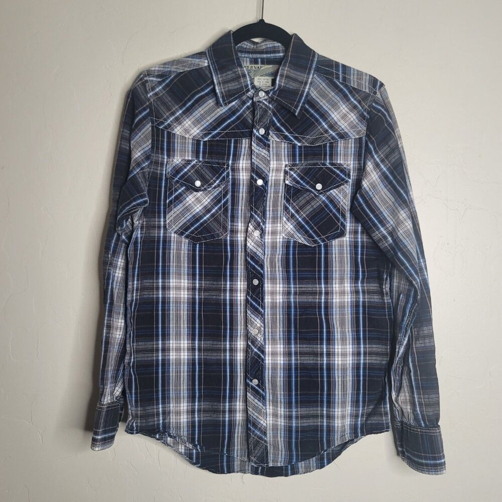 Red Snap Pearl Button Western Shirt Mens Size Small Blue Western Cowboy Plaid